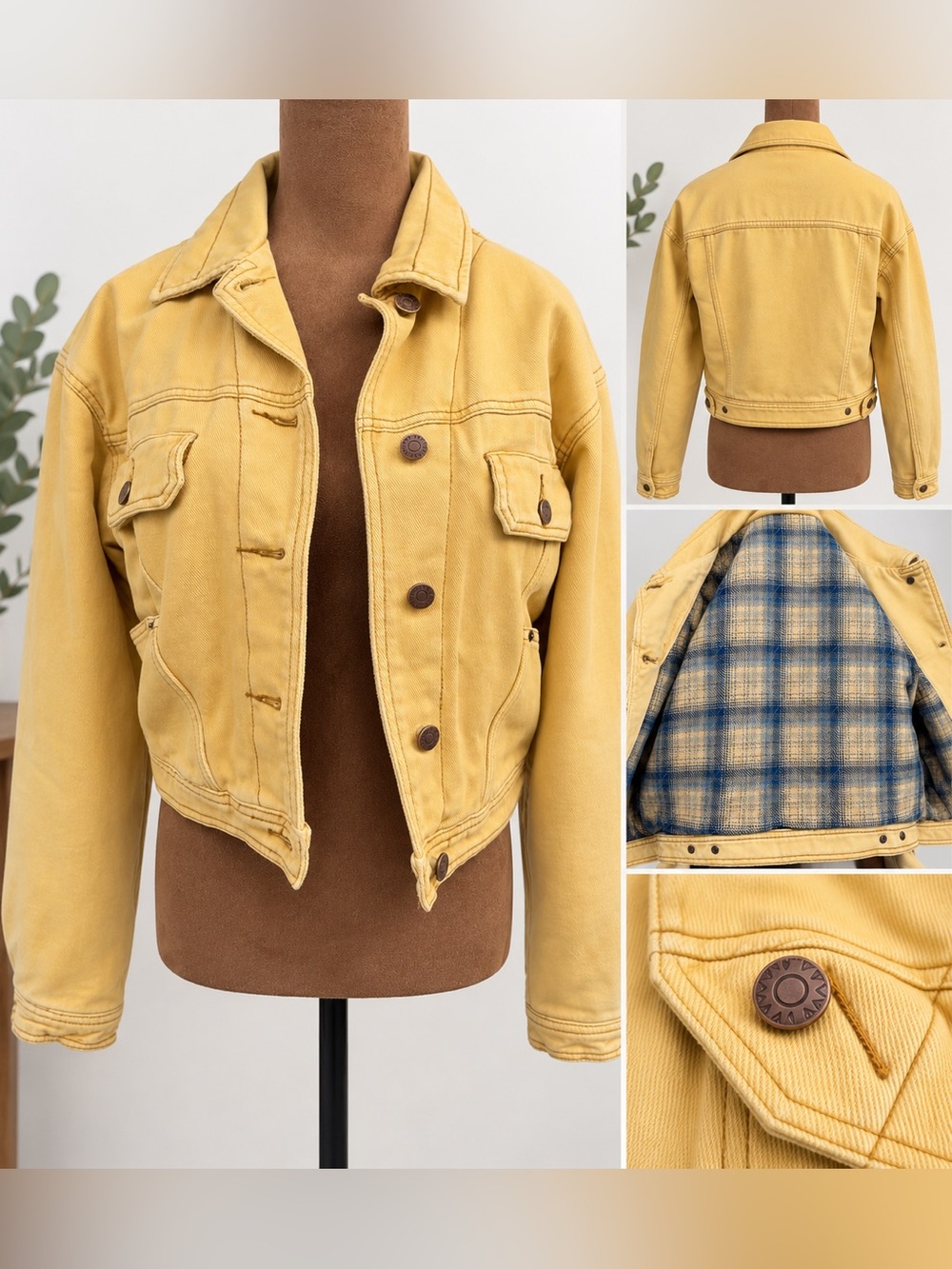 BDG Urban Outfitters Mustard Yellow Cropped Denim Jacket Plaid Lined S/P